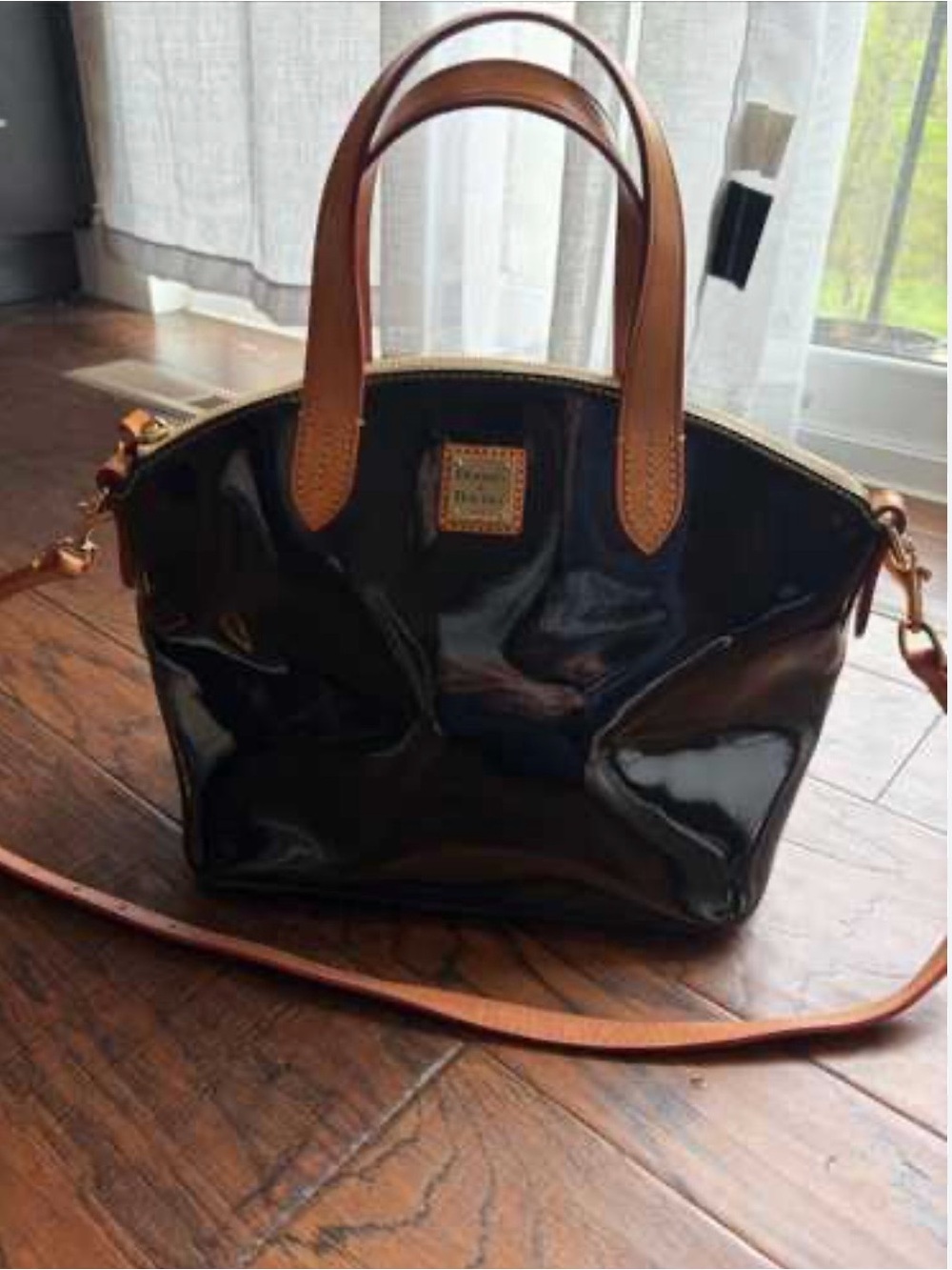 Dooney & Bourke Black Patent Shoulder Satchel with Tan Trim